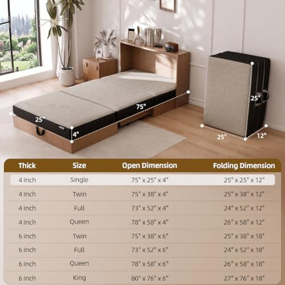 ROXGOX Memory Foam Trifold Mattress, Single Portable Floor Bed 4 Inch, Foldable Mat with Washable Cover, Handle & Non-Slip Bottom, for RV, Travel, Camping, Yoga, 75"x25"x4", Grey - size: Single, style: 4 Inch-Grey