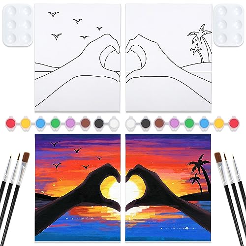 VOCHIC Sip and Paint Kit, Pre Drawn Canvas Couples Painting Party Kits Paint Art Set with Outline Canvas for Adults Date Night Couple Sunset Heart 2 Pack (12 x 16 Inches) - size: 12x16, style: Sunset Heart