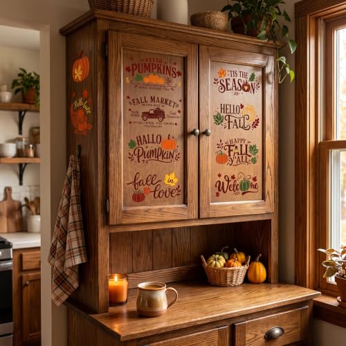 Sitsink Fall Stencils for Painting Pumpkin Maple Leaves Template Wall Mat | 20 reusable PET stencils,pumpkin maple leaf harvest autumn seasonal painting templates for DIY crafters mat rug wall canvas - style: hello fall