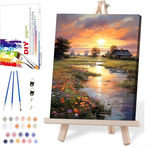 MIRCVSH Sunset Paint by Numbers Kit for Adults Framed,Landscape Paint by Number for Adults Beginner,Adults' Paint-by-Number Kits on Canvas with Wooden Easel for Home Wall Decor 12X16 Inch - color: DKH151