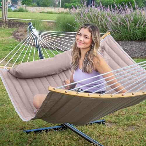 Double Hammock Curved Bar Hammock with 12FT Steel Stand, Tan | Heavy Duty Hammock with Curved Spreader Bars, Pillow, Safety Ropes and Portable Carring Bag, Large Hammock, Max 450 Lbs - color: Tan