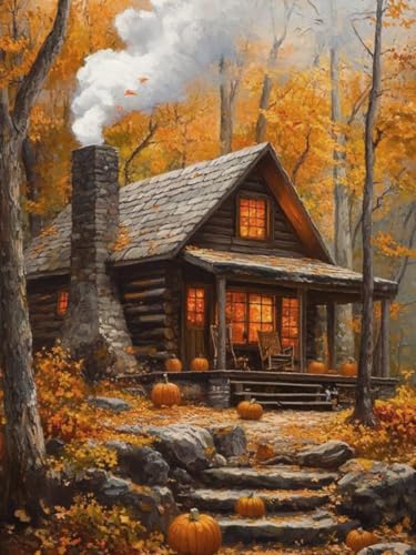 MIRCVSH Autumn Diamond Art Kits for Adults,5D Round Drill Wood Cabin Diamond Painting Kits for Adult Beginners,DIY Full Drill Gem Art Painting Kit for Home Wall Decor 12X16 Inch. - color: G9677