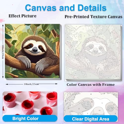 Artunion Framed Paint by Numbers Kit for Adults Beginners & Kids Ages 8-12,Cute Sloth Paint by Number with Frame,Animal Paint by Numbers Kit on Canvas 10 * 10 Inch Without Easel - color: ZXT-328-F