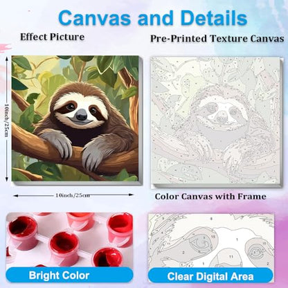 Artunion Framed Paint by Numbers Kit for Adults Beginners & Kids Ages 8-12,Cute Sloth Paint by Number with Frame,Animal Paint by Numbers Kit on Canvas 10 * 10 Inch Without Easel - color: ZXT-328-F