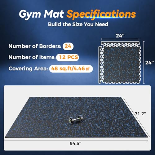 SUPERJARE 1" Extra-Thick Rubber Top Exercise Mat, Gym Flooring for Home Gym | Puzzle Gym Mat for Workout Equipment, Interlocking Floor Tiles with EVA Foam, 12 Pcs 48 Sq Ft, Black/Blue - size: 12 Tiles (48 Sq Ft)