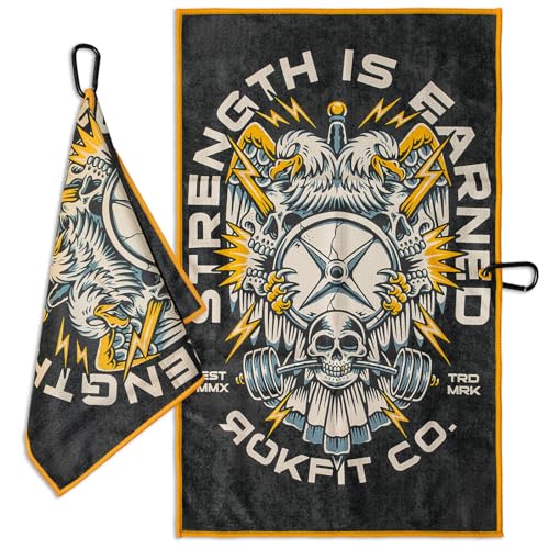 RokFit Gym & Golf Towel – Multi-Use, Quick-Dry, Durable Utility Towel with Bold Graphic and Carabiner Clip (Strength is Earned) - color: Strength is Earned