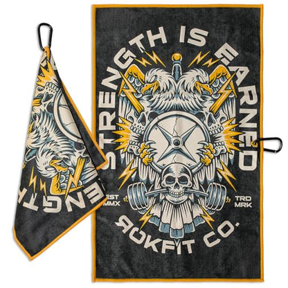 RokFit Gym & Golf Towel – Multi-Use, Quick-Dry, Durable Utility Towel with Bold Graphic and Carabiner Clip (Strength is Earned) - color: Strength is Earned