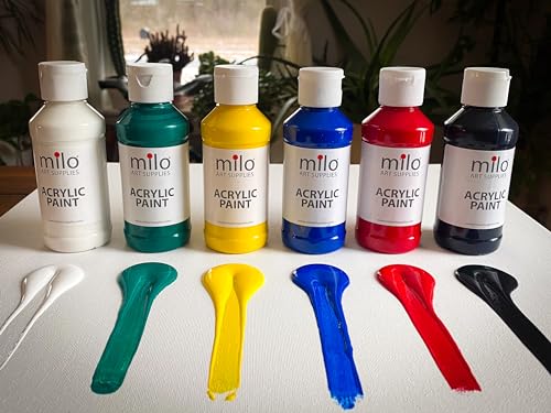 milo Acrylic Paint Set, 6 Primary Colors, 4 oz Bottles, Semi-Gloss | Safe, Non-Toxic, Made in the USA, Arts & Crafts Paints for Artists, Student & Hobby Painters, Paint Pack, Classroom, Bulk - style: Primary Set 6 x 4 oz