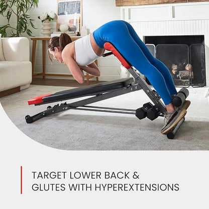 Finer Form Multi-Functional Adjustable Weight Bench and Roman Chair | 8 Back Extension Levels, Chest Press, Sit Ups, Flat Decline Settings, Sturdy Steel Frame, Thick Pad, Workout Chart Included