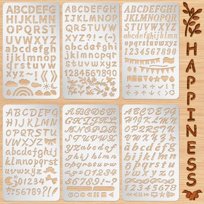 Lewtemi 6 Pcs Metal Wood Burning Stencils, Letter Style Letters Numbers | Engraving Templates for Journaling Crafts, Uppercase Lowercase Symbols, Reusable in Wood Carving Scrapbooking Projects - style: Letter Style