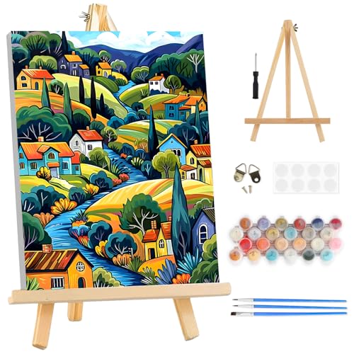 TOSTOG Colorful Hillside Village Framed Canvas Paint by Numbers Art Kit for Adults and Kids, Beginner Acrylic Oil Painting Supplies with Wooden Frame for Home Wall Decor 25 * 35 cm/10 * 14 in - color: Colorful Hillside Village