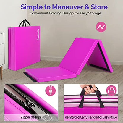 Matladin 6' Folding Tri-fold Gymnastics Gym Exercise Aerobics Mat, 6ft x 2ft x 2in PU Leather Tumbling Mats with Hook & Loop Fastener for Stretching Yoga Cheerleading Martial Arts - color: 'Purple