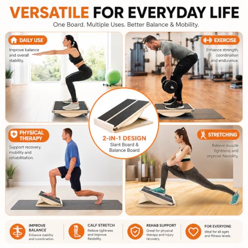 MUCITAGF 2-in-1 Professional Wooden Balance Board & Slant Board, 3 Angles | Adjustable Incline Board and Calf Stretcher, Stretch Board for Knees Ankle Heel Feet Leg, Anti-Slip, 450 lbs Capacity