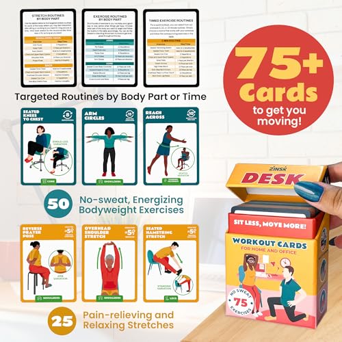 75 Desk Workout Cards – Move More at Work with 50 Easy Bodyweight Exercises & 25 Stretches – Compact 3.5" x 2.5” Chair Exercise Cards for Home or Office - No Equipment Needed and Beginner Friendly
