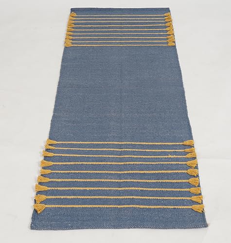 Indian Handmade 100% Organic Cotton Yoga Mat, Hand Woven Rug, Yoga Mat For Everyday Fitness at Home Comfortable Foldable Long Mat - color: Blue Yellow