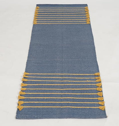 Indian Handmade 100% Organic Cotton Yoga Mat, Hand Woven Rug, Yoga Mat For Everyday Fitness at Home Comfortable Foldable Long Mat - color: Blue Yellow