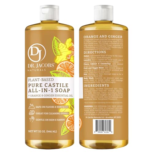 Dr. Jacobs Naturals Orange & Ginger Castile All-In-One Cleaner and Soap - Plant-Based Formula for House Cleaning Floors and Appliances - Gentle on Skin and the Planet - 32 oz, 1 Pack - size: 32 Fl Oz (Pack of 1), style: Orange Ginger