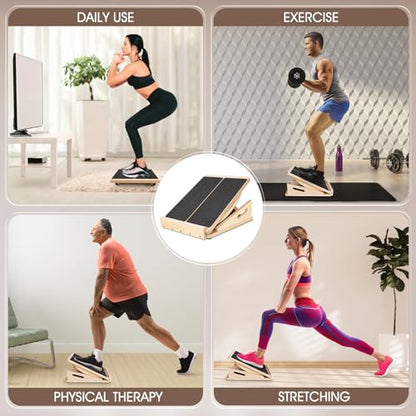 2-in-1 Professional Wooden Balance Board & Slant Board, Four Adjustable Incline Board and Calf Stretcher, Stretch Board for Knees Ankle Heel Feet Leg