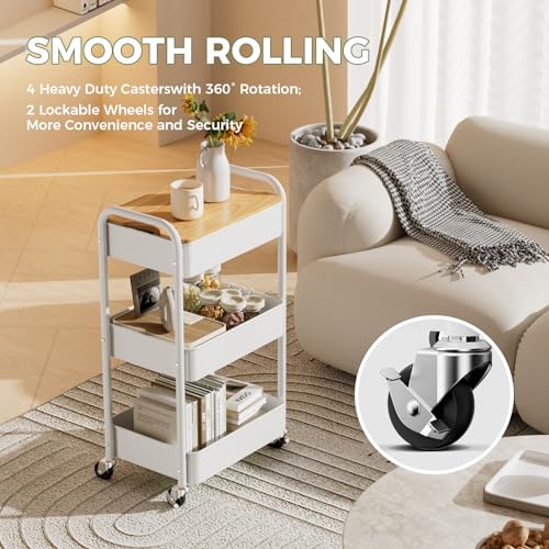 3-Tier Rolling Cart with Table Top, Metal Utility Cart on Wheels | Sturdy Storage Organizer Cart with Lockable Wheels&Hooks for Craft, Office, Classroom, Kitchen and Bathroom, WHite - color: White