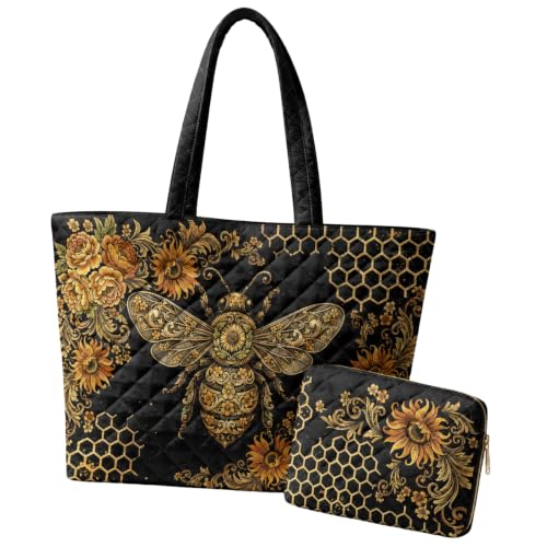 Quilted Tote Bag 2 Pack, Women's Tote Handbags for Work Travel - color: Vintage Black Bee