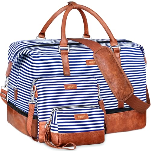 IBFUN Weekender Bags for Women, 21" Travel Duffle Bag with Shoe Compartment - color: A3-Blue Strip