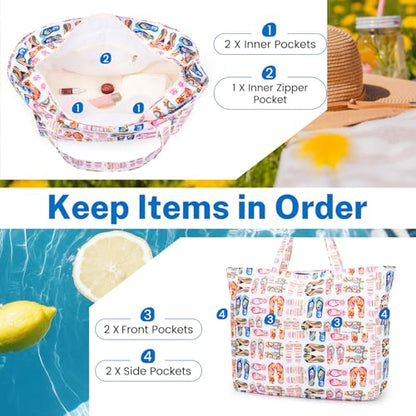 Iioscre Beach Bag for Women, Causal Hobo Handbags with Zipper Inner Pocket - color: White Multi