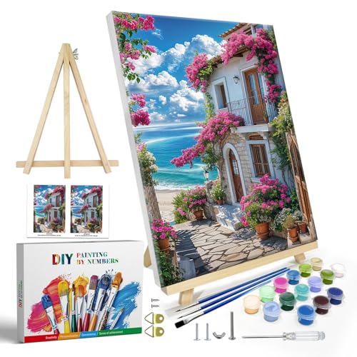 JOOZ Paint by Numbers Kit for Adults with Frame, Seaside Scene Paint by Number with Easel, DIY House Flowers Oil Painting by Numbers, Adult Paint by Number Kits Landscape for Wall Decor 8x12 Inch - color: Seaside House 262