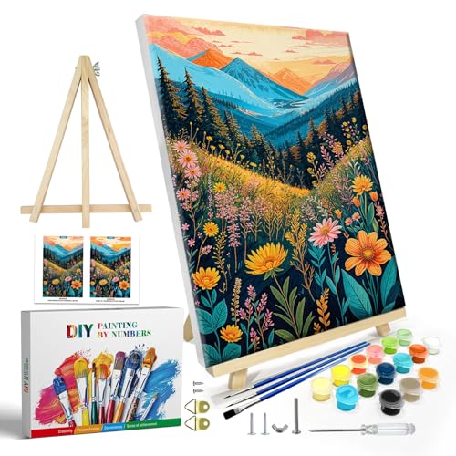 JOOZ Mountain Paint by Numbers Kit for Adults with Frame, Flowers Paint by Number with Easel, DIY Landscape Adult Paint by Number Kits Framed Canvas for Home Wall Decor 8 x 12 Inch - color: Mountain Flowers 230