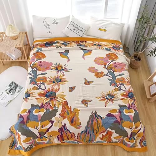 Boho Throw Blanket for Bed 100% Cotton Bohemian Blankets Ultra Soft Woven Muslin Decorative Blankets All Seasons Vintage Quilt Knitted Blanket for Sofa Chair(Yellow, 80"x90") - color: B-yellow, size: 80"x90"