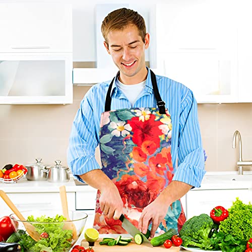 Adjustable Waterproof Apron Bib Apron with 2 Pockets Cooking Kitchen Aprons for Women Men Chef - color: Flowers
