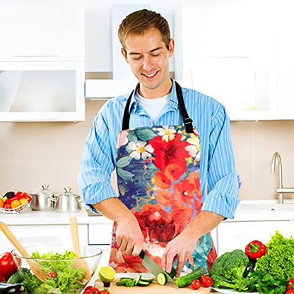 Adjustable Waterproof Apron Bib Apron with 2 Pockets Cooking Kitchen Aprons for Women Men Chef - color: Flowers