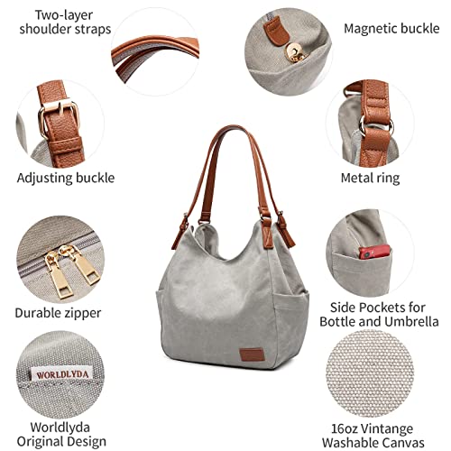 Worldlyda Women Canvas Hobo Purse Multi Pocket Tote Shopper Shoulder Bag Casual Top Handle handbag with Embroidery Ethnic - color: Be06brown