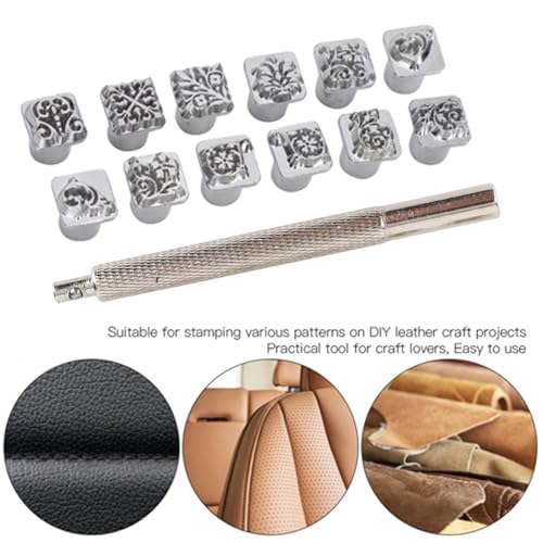 Leather Stamp Tool, 12Pcs Leather Stamping Punch Stamper DIY Leather Craft Making Tools Flower Design Embossing Pattern with Stamping Handle for Leathercrafting