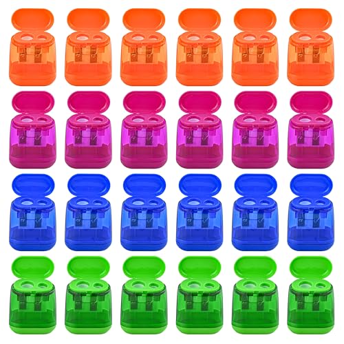 24Pcs Pencil Sharpener Manual, Assorted Color Small Dual Hole Pencil Sharpeners Bulk with Lid for School Office Home (Geometry-24)