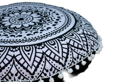 ICC 32 Inch Floor Pillows & Cushion Covers, Decorative Hippie Mandala Pouf Pillow Cover Bohemian Seating Meditation Cushion Cover, Large Boho Ottoman Case Pillowcase for Couch Round (Black Flower) - size: 32" x 32" (Pack of 1), style: Black Flower