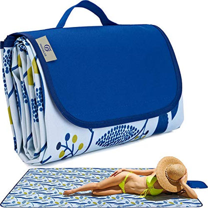 Beach Blanket Picnic Blanket Outdoor Mat Extra Large Waterproof Sand Proof Camping Blanket Lightweight Folding Portable Travel Blanket for Family Park Beach Grass, 79"x57" - color: Blue Leaf