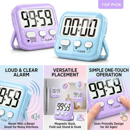 Antonki 2 Pack Digital Timer for Kids Classroom Kitchen Timers for Cooking | w/ Battery, Easy to View, Alarm, Mute Mode, Count Down/Up, Magnetic, Kickstand, Hanging, Classroom Timer for Teacher Supplies - color: 2 * Sky Blue + Lavender Purple