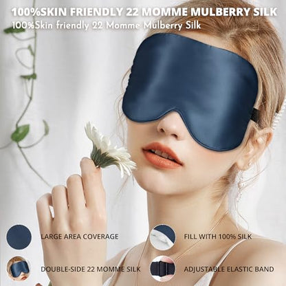 Sleep Mask, 100% 22 Momme Mulberry Silk Eye Mask with Adjustable Strap | Eye Sleeping Mask for Women Men, 100% Mulberry Silk, 22 Momme 6a Fibers, Blackout Blindfold Eye Cover for Side Sleeper(Blue) - color: Blue 22 Momme