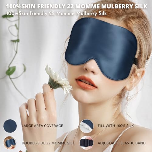 Sleep Mask, 100% 22 Momme Mulberry Silk Eye Mask with Adjustable Strap | Eye Sleeping Mask for Women Men, 100% Mulberry Silk, 22 Momme 6a Fibers, Blackout Blindfold Eye Cover for Side Sleeper(Blue) - color: Blue 22 Momme