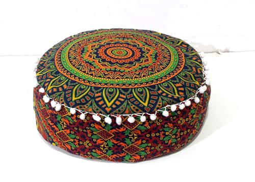 INDIAN CRAFT CASTLE ICC Floor Pillows & Cushion Covers Decorative Hippie Mandala Pouf Pillow Covers Seating Meditation Cushion Cover Large Boho Ottoman Case Pillowcase Couch New Blue, 16" Round - color: New Blue, size: 16"D x 16"W x 5"H