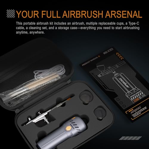 Airgoo Portable Airbrush Kit with Air Compressor MK430-215 with 0.3mm Nozzle, Cordless Airbrush Gun Set with Replaceable 5cc/10cc/20cc Fluid Cups for Makeup, Crafts, Tattoo, Modeling, Cake Decor
