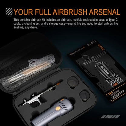 Airgoo Portable Airbrush Kit with Air Compressor MK430-215 with 0.3mm Nozzle, Cordless Airbrush Gun Set with Replaceable 5cc/10cc/20cc Fluid Cups for Makeup, Crafts, Tattoo, Modeling, Cake Decor