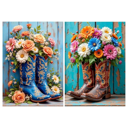 YOYA 2 Pack 5D Cowboy Boots Diamond Art Kits for Adults 12x16 Inch | Full Drill Diamond Painting Kits, Western Theme, Round Drill, HD Canvas, Fun, Relax, Gem Art for Home Wall Decor, Gifts - color: Cowboy Boots 037
