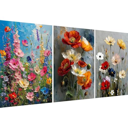 Mrnsiet 3 Pack Flowers Paint by Numbers Kit for Adults, Floral Adult Paint by Number Kits on Canvas, Plant Oil Painting Acrylic Kits Gift for Home Wall Decor 12x16 Inch - color: MT23027+MT23028+MT23029-US