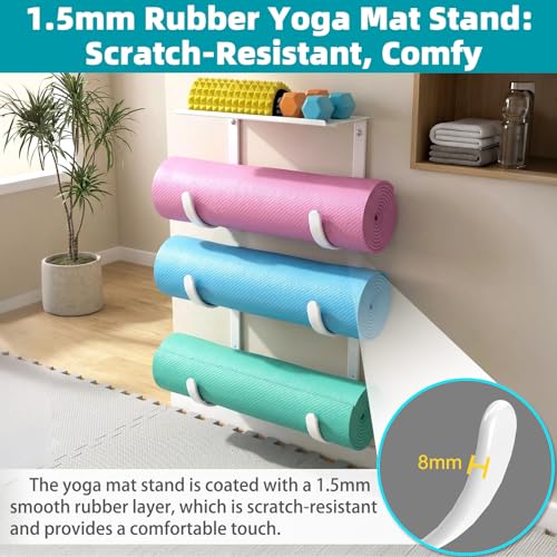 Yoga Mat Holder Wall Mount, No Tying, No Straps - color: 4-Tiers（with Floating Shelf）
