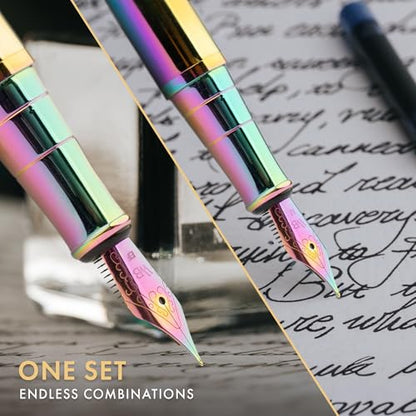 Wordsworth & Black Fountain Pen Gift Set, Medium & Extra Fine Nib, Rainbow | For Men & Women, Brass Body, 18K German Iridium, Ink Bottle + 6 Cartridges, Converter, Writing & Calligraphy, Journaling - color: Rainbow