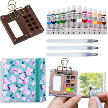 Portable Sketchbook Palette Set - 8 Grids Mini Wood Travel Paint Palette Box for Gouache, Acrylic Painting - Comes With Watercolor Paper Journal, Brush Pens and Clip