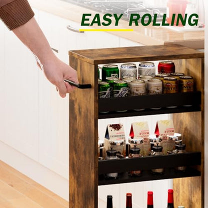 TEAMIX Slim Rolling Storage Cart, Wood 4-Tier Narrow Kitchen/Laundry Cart - color: Brown+black, size: 7-7/8'' W