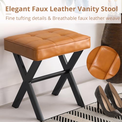 LUE BONA Vanity Stool, Faux Leather X-Leg Foot Stool, Small Ottoman Makeup Stool Chair for Vanity, Modern Padded Foot Rest Vanity Seat for Makeup Room, Bathroom, Whiskey Brown - color: Whiskey Brown