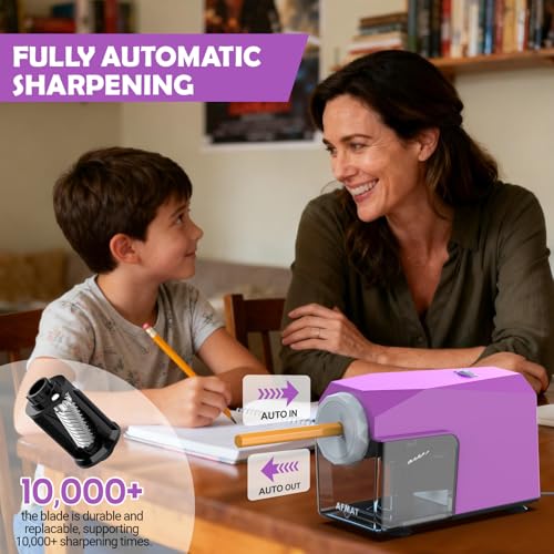 AFMAT Electric Pencil Sharpener, Fast & Hands-Free, 10K+ Uses, 5 Nibs, Fully Automatic Pencil Sharpener for Classroom, Heavy Duty Sharpeners for No.2/Jumbo/Colored Pencils (φ6.5-10.5mm) US Plug(120V) - color: Purple